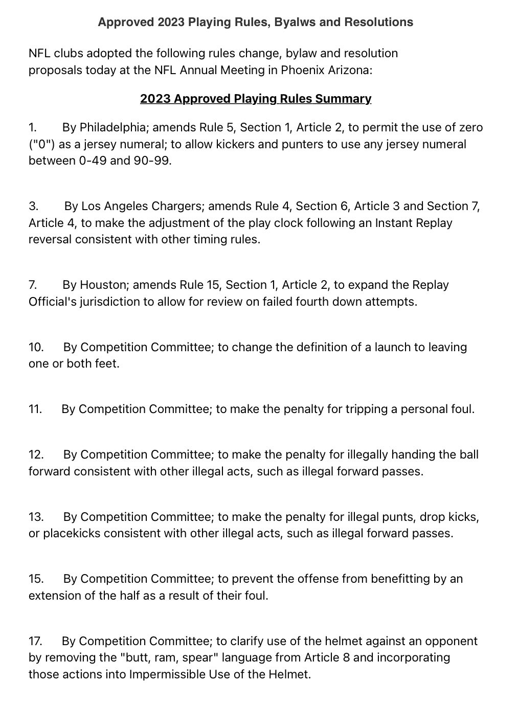 Tom Pelissero on X: Full list of approved rules and bylaws changes at the  NFL Annual Meeting today.  / X