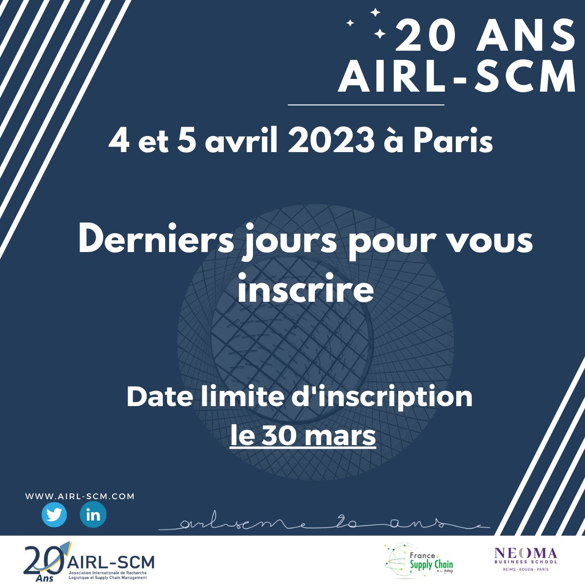 AIRL_SCM's tweet photo. Cher(e)s membres et ami(e)s de l'@AIRL_SCM, 
Il ne reste que quelques jours pour vous inscrire pour nos 20 ans dans les locaux de @NEOMAbs les 4 et 5 avril prochains.
Clôture des inscriptions : 30 mars
Inscriptions sur notre site
https://t.co/1xwcqb5lNg

#20ansAIRL
#20h20 https://t.co/s49feIRaOB