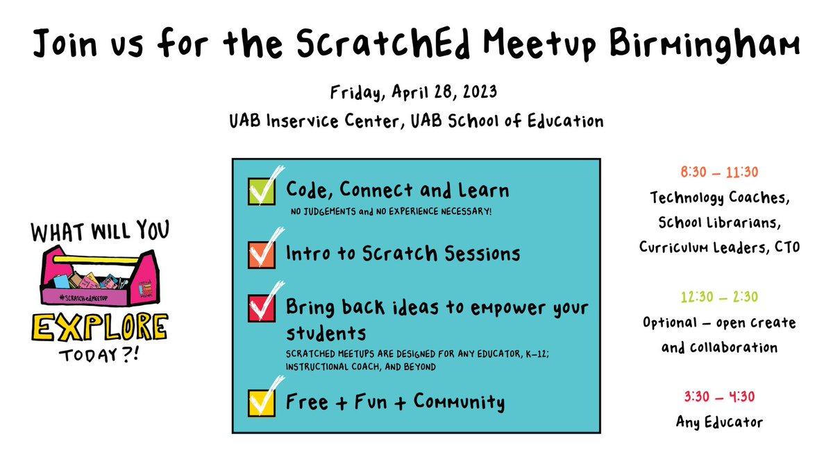 aprilpc's tweet photo. Technology enthusiasts, get ready for the #ScratchEdMeetupBham on April 28, 2023 at the UAB Inservice Center! You'll meet other Scratch developers, explore new Scratch extensions, and learn about the latest trends in #coding education. https://t.co/sSz9PDw32F #DLCS #STEM https://t.co/HRYYRyr8e3