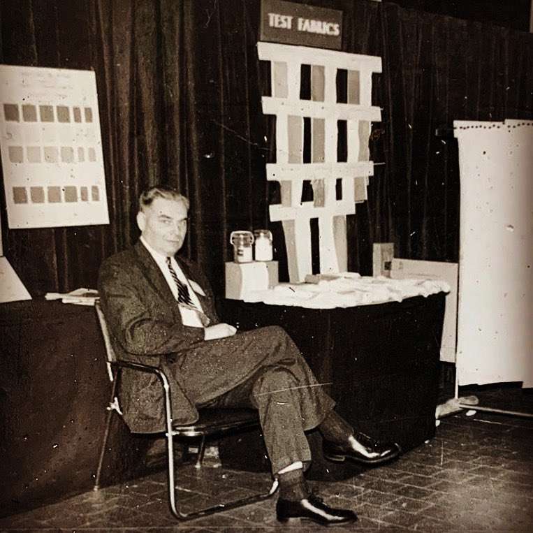 testfabrics's tweet photo. Here’s founding father of #Testfabrics Werner Klaas.Story goes that his neighbor was the #MortonSalt table.where there was a parrot.Werner asked & the reply: What, am I going just pour salt on the table? This is a show! #Lifelessons #expo #techtueday #aatcc #textilehistory https://t.co/xtSz7lG8RD
