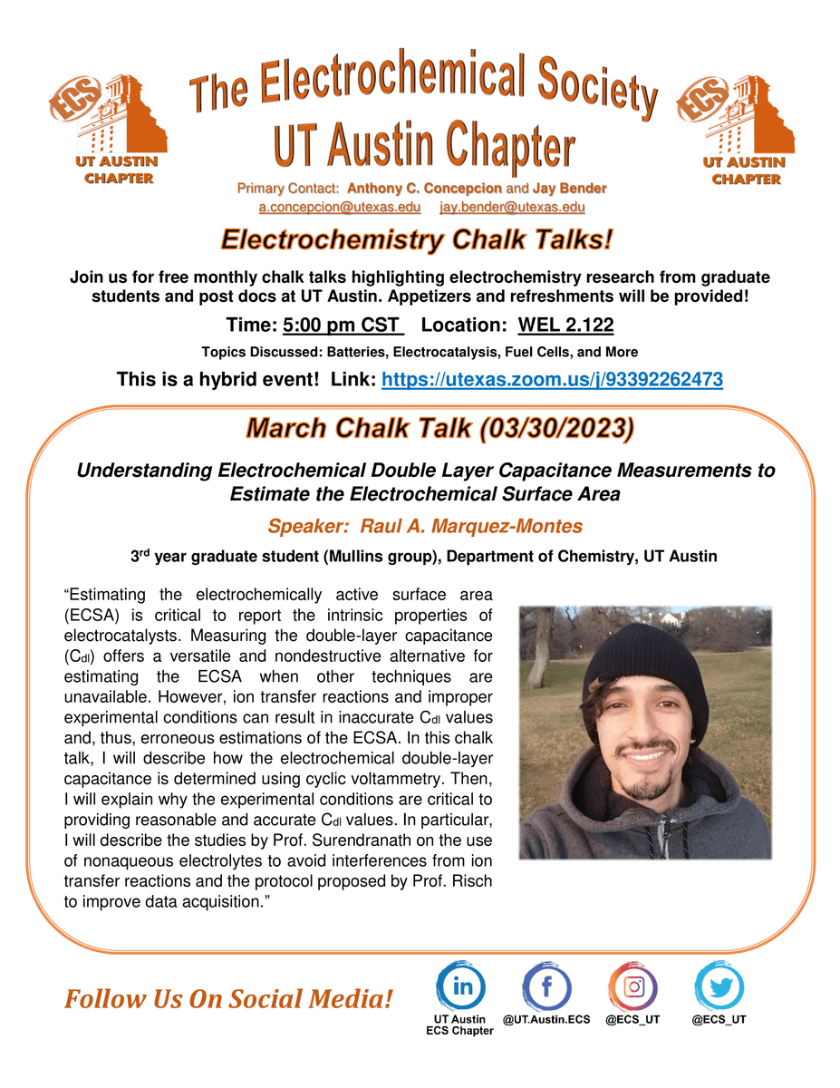 ecs_ut's tweet photo. Howdy Electrochemistry Community!
Join us next Thursday for our first electrochemistry chalk talk. Our first speaker @Ruloufo will talk about how to properly measure the electrochemical surface area. We will also stream the event through Zoom and our official Facebook page! https://t.co/recjsH3oNI