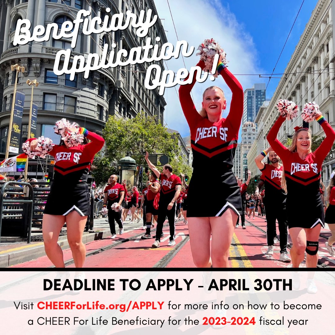 CHEERSF's tweet photo. BENEFICIARY APPLICATIONS - Deadline to apply is April 30th!

Visit https://t.co/yOwLfx6YIO for more info on how to become a beneficiary for our 2023-2024 season.

Apply today or share with an organization you care about!
.
#cheerforlifefoundation #CHEERSF https://t.co/n5EznR8cHK