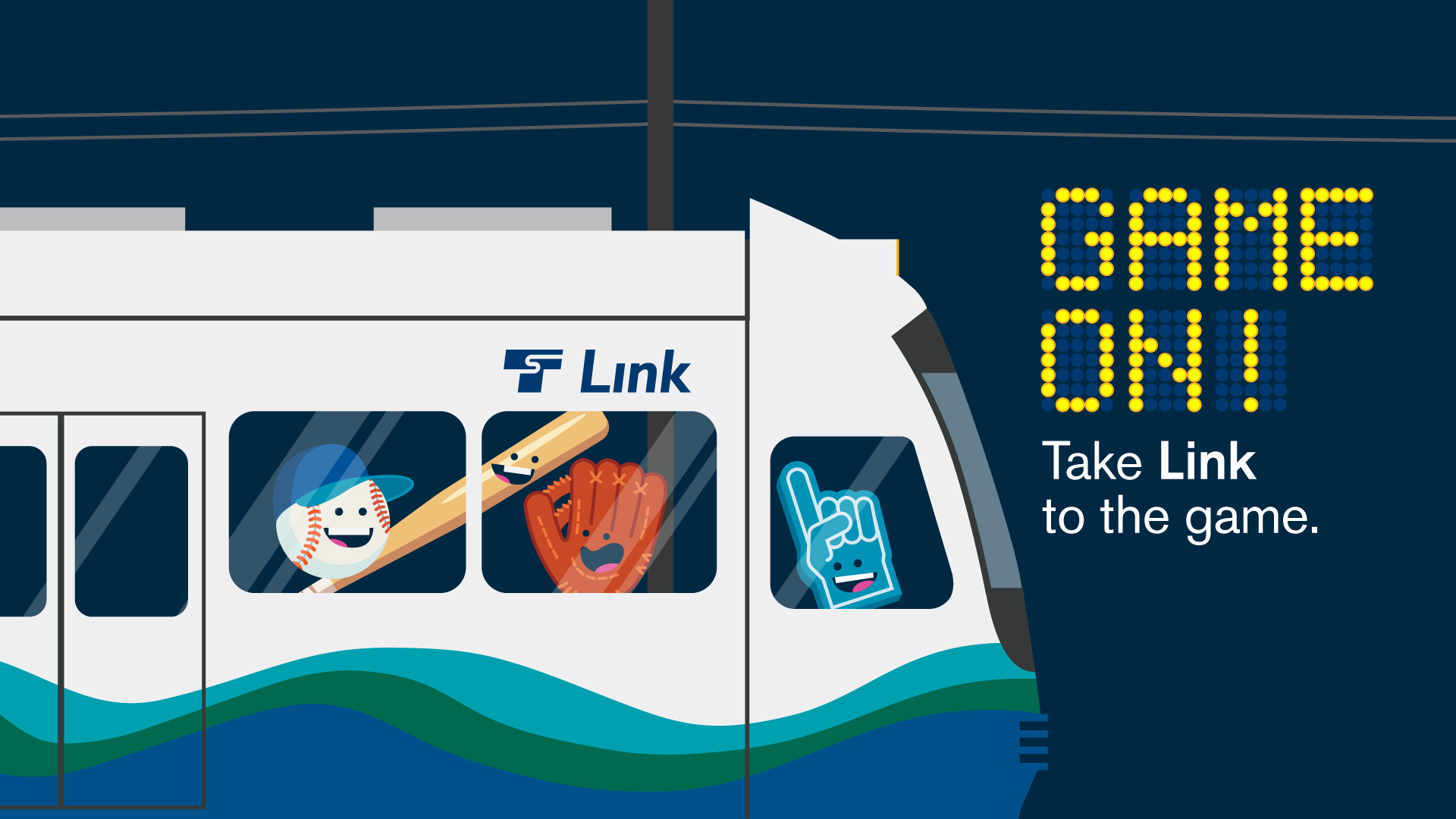 Cartoon characters of a baseball, bat and glove ride a Link train. Text reads "Game on! Take link to the game."