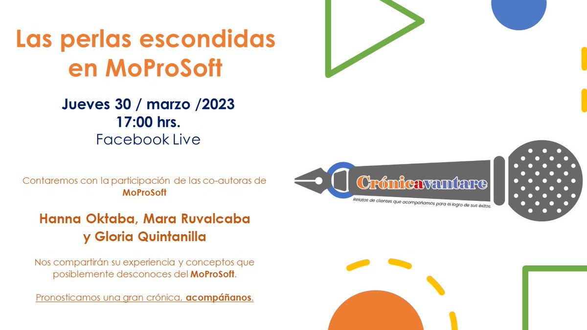 avantaremexico's tweet image. 🤯¡Ya está por llegar nuestro segundo capítulo de Crónicavantare!

😲Y ¿qué creen? Regresa la Dra. Hanna Oktaba para continuar con la increíble plática que tuvimos hace tiempo.

🔴FacebookLive: ow.ly/frgv50Nu03r

#MoProsoft #Perlas #Procesos #CMMI #Conceptos #Online