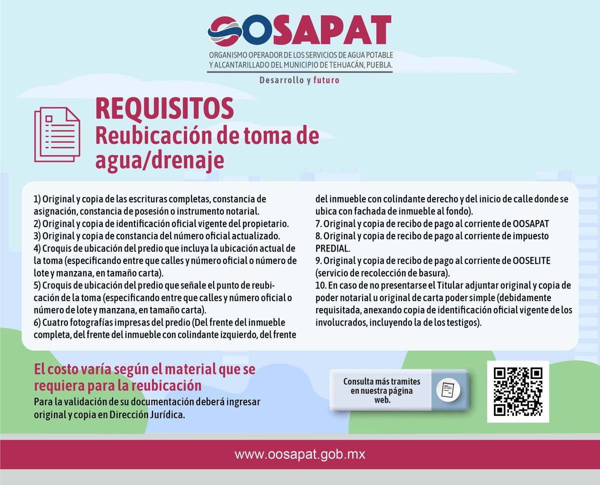 OOSAPAT1's tweet photo. ¿Necesitas solicitar una reubicación de toma de agua o drenaje? 📄💧
Aquí te mostramos los requisitos y documentos necesarios para realizarlo. Deberás acudir directamente a las oficinas de #OOSAPAT 👇🏼
https://t.co/RPZXBXgXTp https://t.co/7UtDWbpMfe