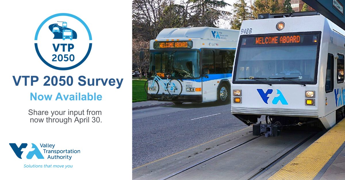 VTA's tweet photo. The #VTP2050, a long-range planning and policy framework, will identify programs, projects, and policies for VTA to pursue. We want our community to share their goals for future transportation investments in our survey from now through April 30. https://t.co/O8FHmwa7lq https://t.co/6qV42xMl3b