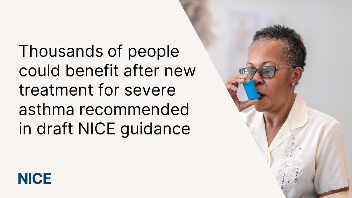 People with severe asthma could be set to benefit after NICE published draft guidance today recommending tezepelumab as an option for those aged 12 and over, when other maintenance treatments have not worked well enough.

Find out more: nice.org.uk/guidance/gid-t… #NICENews