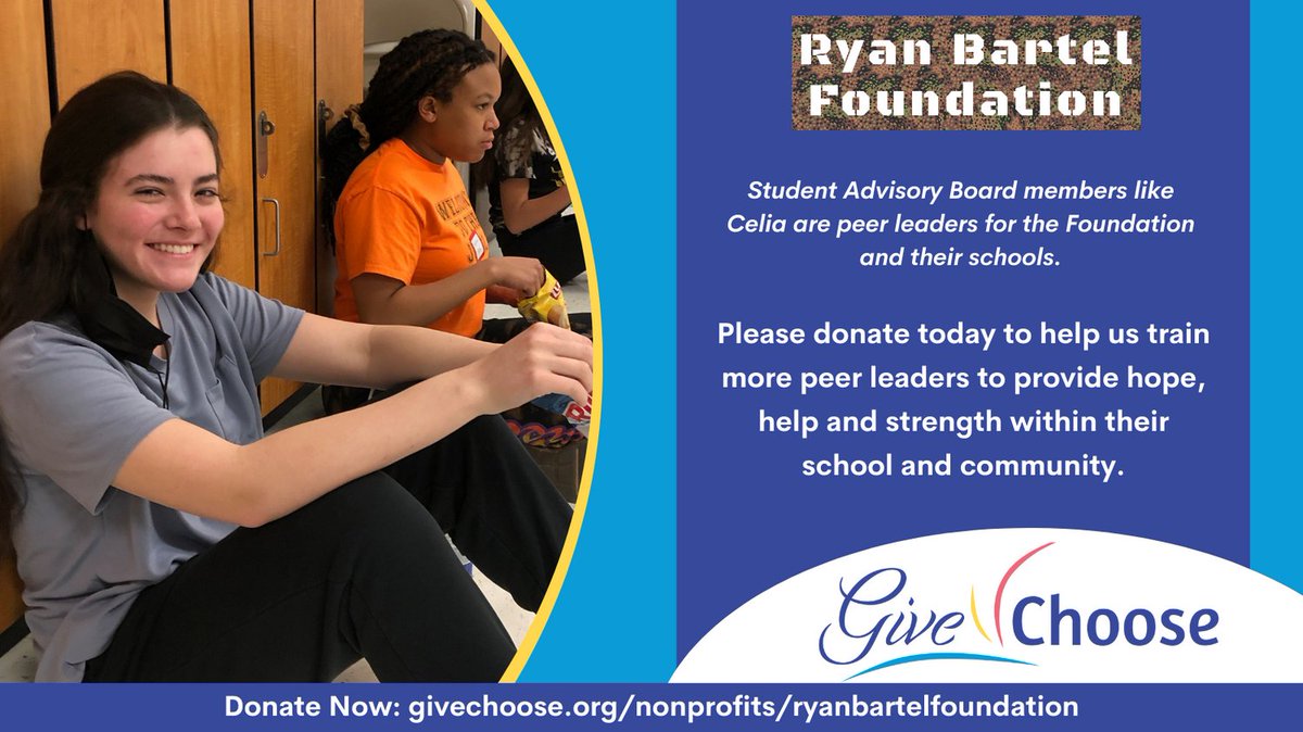 Ryan Bartel Foundation provides Sources of Strength training to community groups to build help-seeking behaviors and peer leaders to build a sense of belonging within the youth population. Please donate to help us train more peer leaders. givechoose.org/nonprofits/rya…
#givechoose