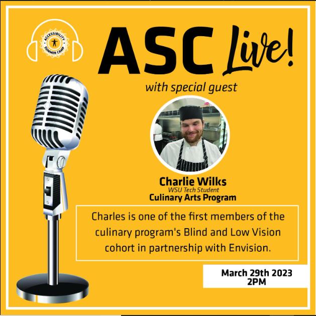 ASCWichita's tweet photo. Join us on March 29th at 2 PM with special guest Charlie Wilks! Charlie Wilks is one of the first members of the culinary program's Blind and Low vision cohort in partnership with Envision.
#AccessibilityICT #AccessibilitySummerCamp #AccessibilitySpeaker https://t.co/Ymgs6asOvx