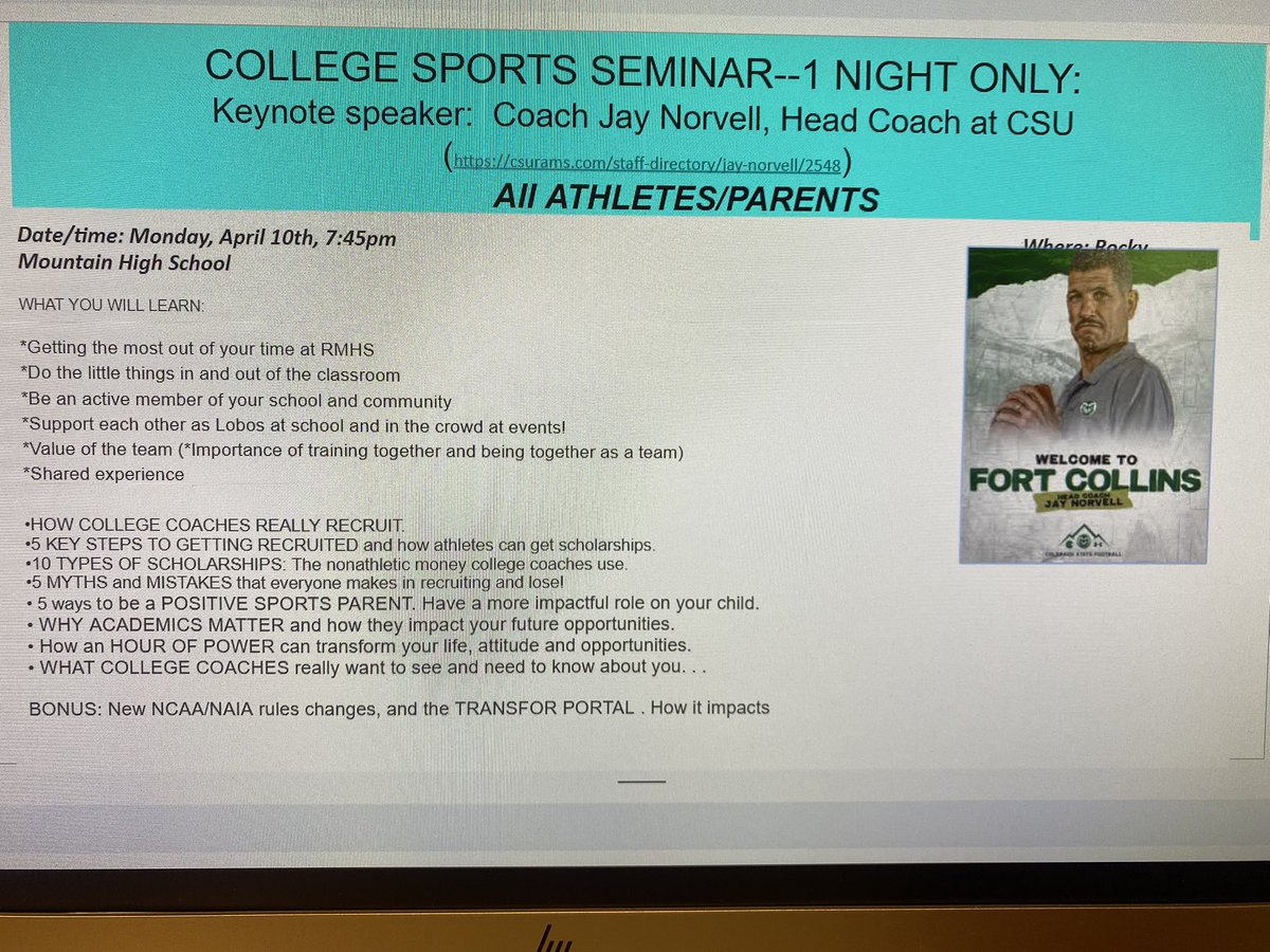 LoBo_Athletics's tweet photo. Coming soon, College Sports Night @RMHSLOBOS , April 10, 7p in the RMHS auditorium.  Keynote speaker Coach Jay Norvell, Colorado State and College Sports Seminar Speaker Coach John Scott!  All RMHS sports programs and families welcome! @PSD_ATHLETICS https://t.co/ox34cC1Nw3