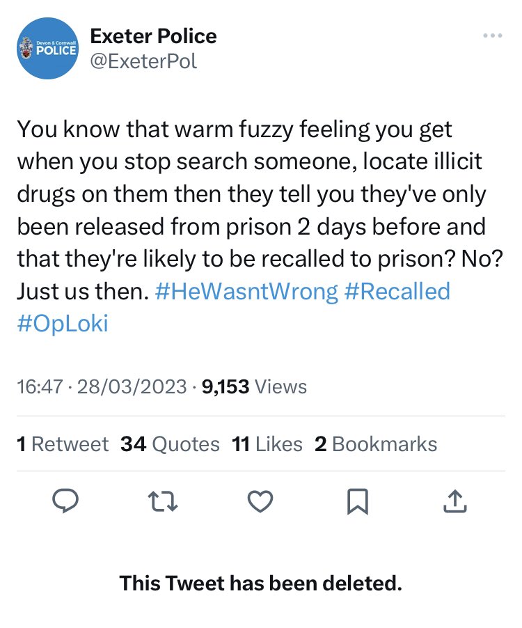 Imagine gloating about something like this. Most addiction stems from trauma that often occurred in childhood. If someone turns back to substance abuse 2 days after being released they must be in a bad place, and your staff revel in that suffering. 

Shameful @exeterpol