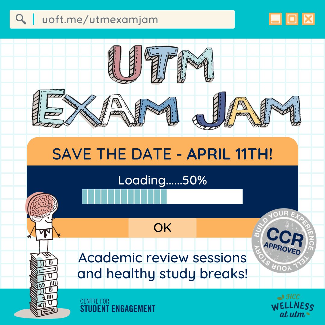 UTM Engage (@utm_engage) on Twitter photo Mark your calendars 🗓️, and set your reminders - Exam Jam is happening on April 11th! This semester it is all in person and will with activities and academic review sessions to help guide you through exam sessions.  
For more information, click the link in our bio! Mark your calendars 🗓️, and set your reminders - Exam Jam is happening on April 11th! This semester it is all in person and will with activities and academic review sessions to help guide you through exam sessions.  
For more information, click the link in our bio!
