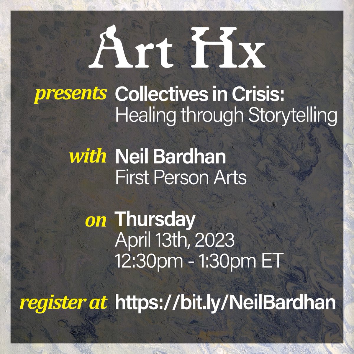ArtHxProject's tweet photo. How can storytelling help us mend the social and material fissures that governmental policies often create between individual and collective care? We'll hear from @NeilPBardhan of @FirstPersonArts. Register now: https://t.co/Xia7c3I8RZ https://t.co/p6TxNmFSD5