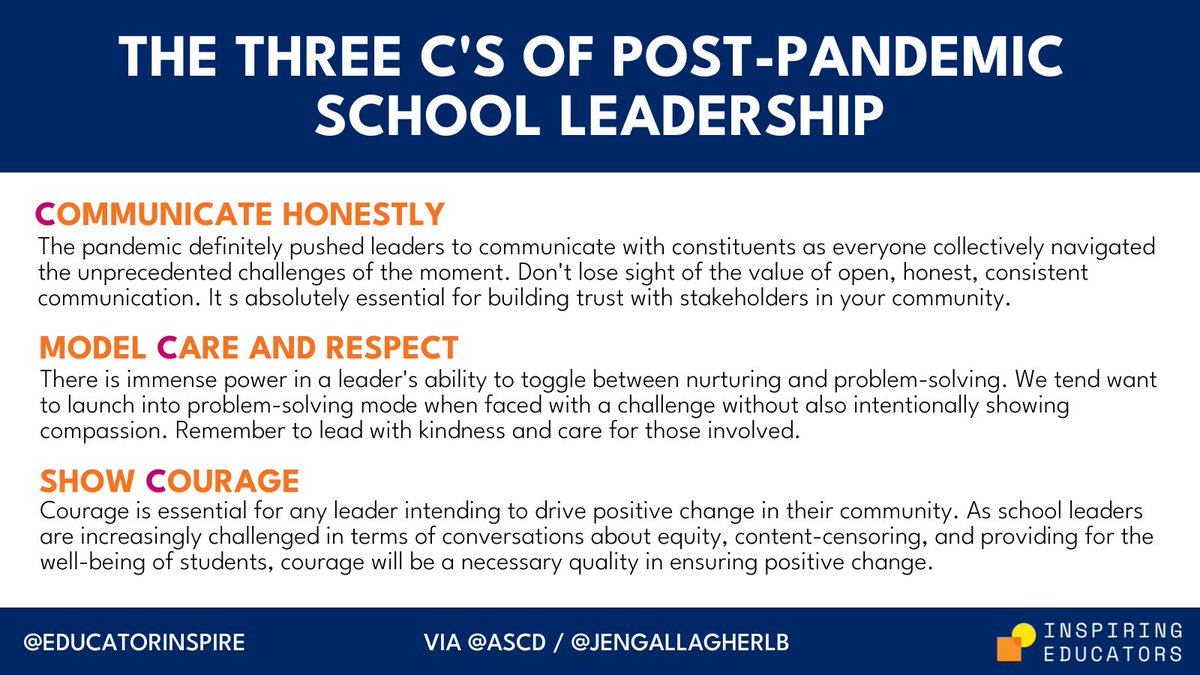 Leaders: The three C's- communication, care, and courage- are all essential for leading your community through change and challenging times.

More from <a href="/jengallagherlb/">Jennifer Gallagher</a> / <a href="/ASCD/">ASCD</a> ⬇️