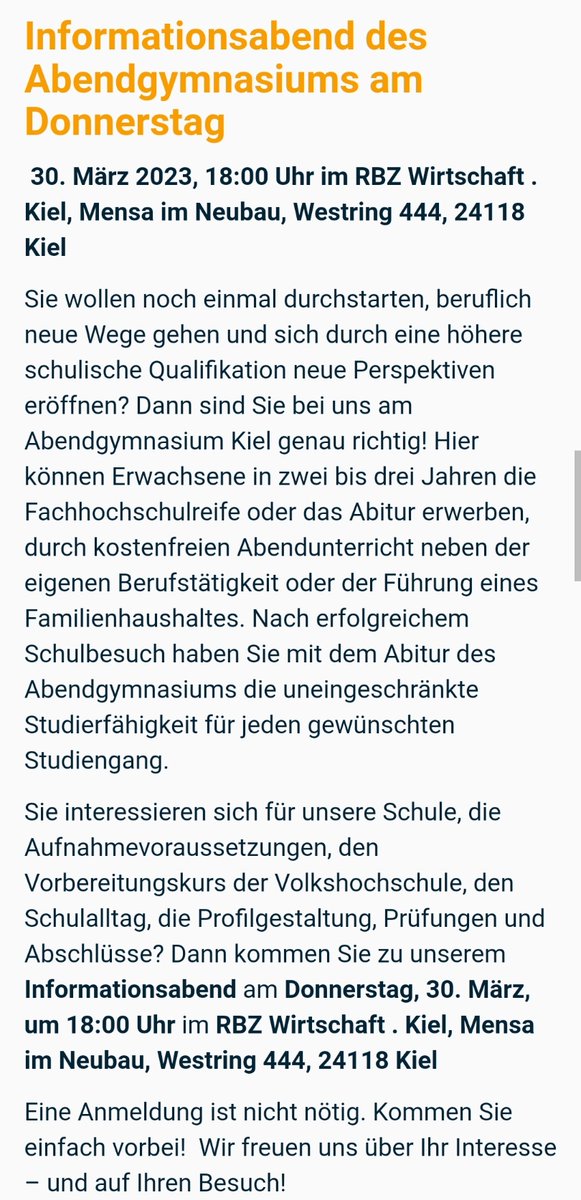 RBZKiel's tweet photo. Neben Beruf oder Familienhaushalt das Abitur erwerben? Das geht! Informationsabend des Abendgymnasiums Kiel am Do., 30.03.2023, 18 Uhr – Westring 444, 24118 Kiel, Mensa-Bühne. Wir freuen uns auf Ihren Besuch! https://t.co/oXCvT64b4p