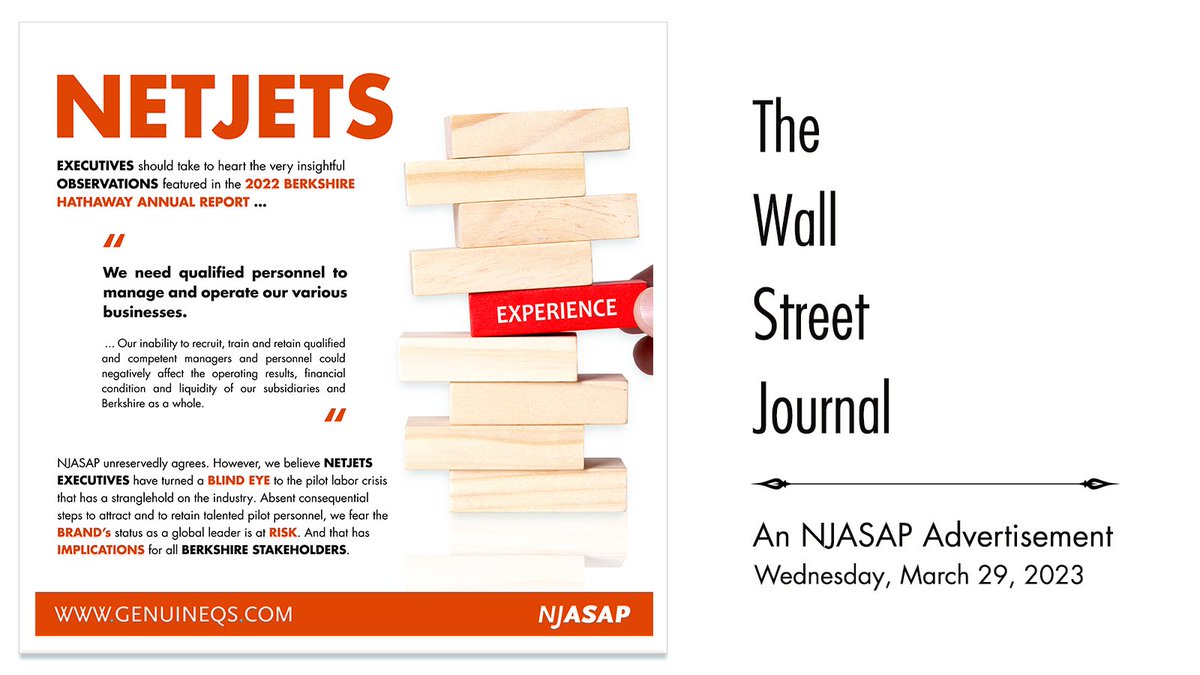 NJASAP's tweet photo. Berkshire Hathaway executives recognize the importance of retaining qualified and competent managers &amp; personnel. The same, however, cannot be said of NetJets executives, who continue to ignore the reality of the pilot labor crisis. // https://t.co/7INCopiAwO. https://t.co/N2W1hF2grO