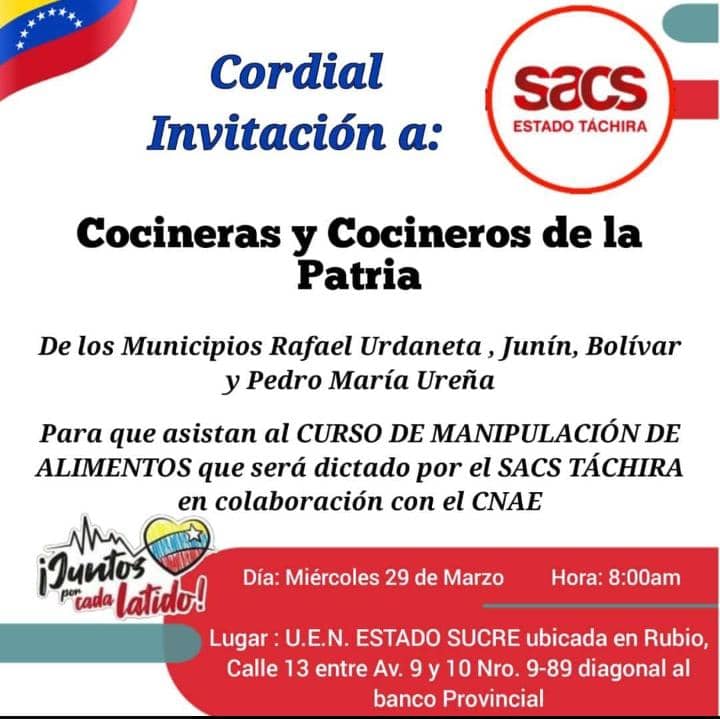 Cordial invitación para nuestras Cocineras y Cocineros de la Patria de los Municipios Rafael Urdaneta, Junín, Bolívar y Pedro María Ureña <a href="/CnaeTachira/">Cnae_tachira</a> 

<a href="/FreddyBernal/">Freddy Bernal</a> 
<a href="/_LaAvanzadora/">Yelitze Santaella</a> 
@ZonaEducTachira 
<a href="/pedrodiazg59/">Pedro Diaz</a> 
<a href="/Berzabethg1/">Berzabethgandicaoficial</a>  
<a href="/cnaeoficial/">cnaeoficial</a>