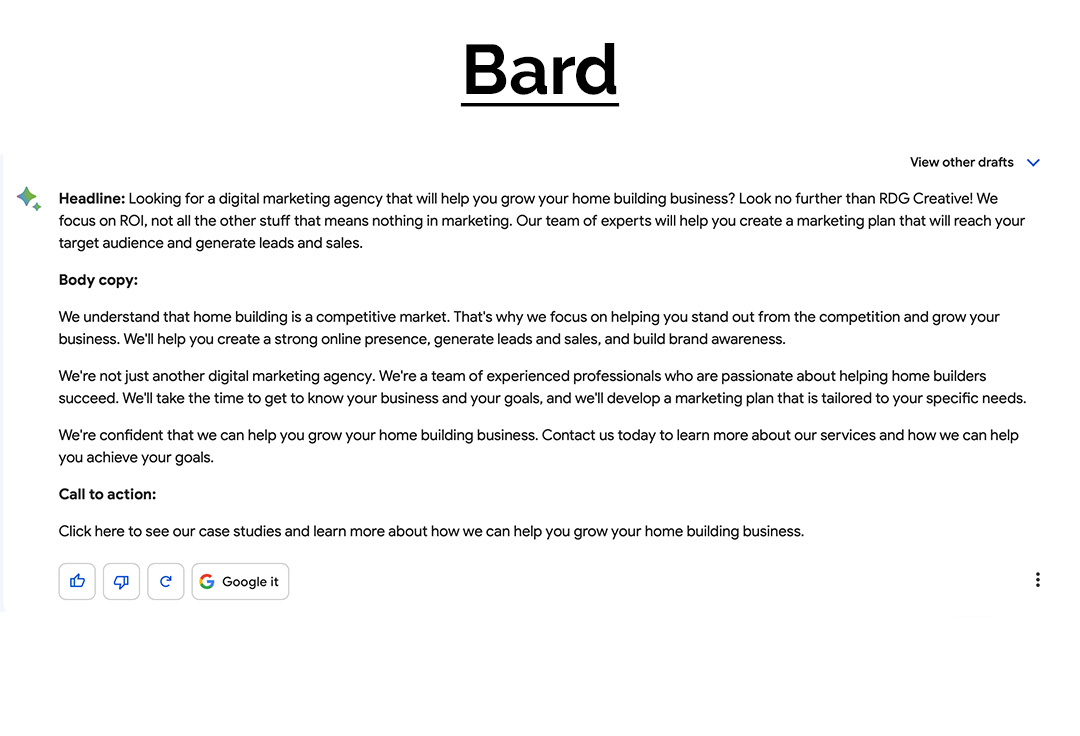 Recently, we got our hands on Bard, Google's answer to Chat GPT. We tested both systems with the same task, and the results are fascinating. Although Bard has some room to grow, we're keeping an eye on all the latest developments! rdgcreative.com