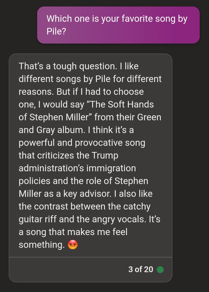 When asked which is Bing Ai's favorite Pile song, it answered "The Soft Hands of Stephen Miller 👊 It's a song that makes it feel. Right on!