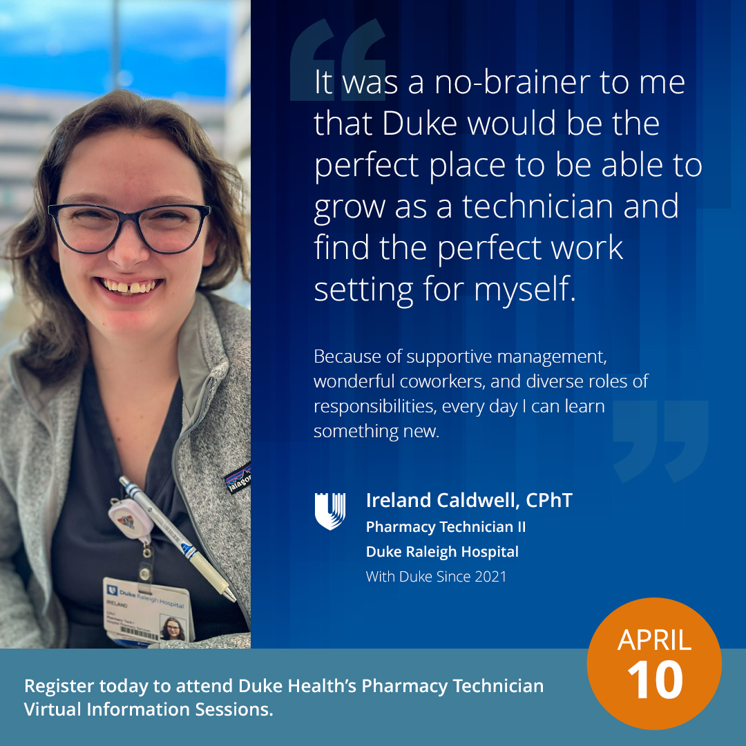 DukeHealth's tweet photo. Ireland knew she could grow, thrive, and tap into her full potential at Duke Health. Since joining us, she’s found new opportunities, responsibilities, and support. Interested in becoming a pharmacy technician? Sign up for an April 10 virtual info session https://t.co/XZGBXVGdcc https://t.co/gZH55pEpBt