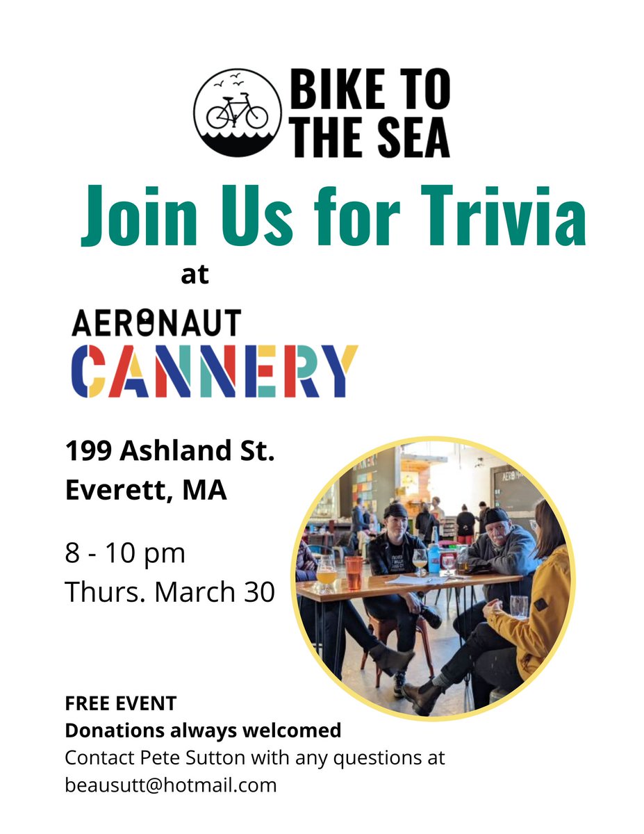 Join in on the friendly competition of Trivia Night happening this coming Thursday at Aeronaut Cannery in Everett at 8pm! Test your knowledge with us! 
#trivia #TriviaThursday #biketothesea #everettma #aeronautcannery #cityofeverett #eventsnearme