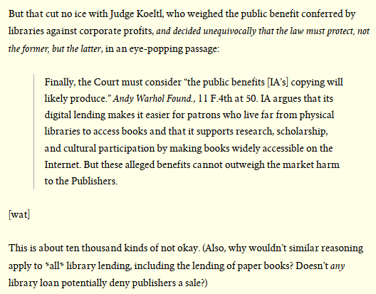 By the judge's reasoning in the Internet Archive case, doesn't *any* library loan mean the loss of a potential sale?

popula.com/2023/03/28/wri…