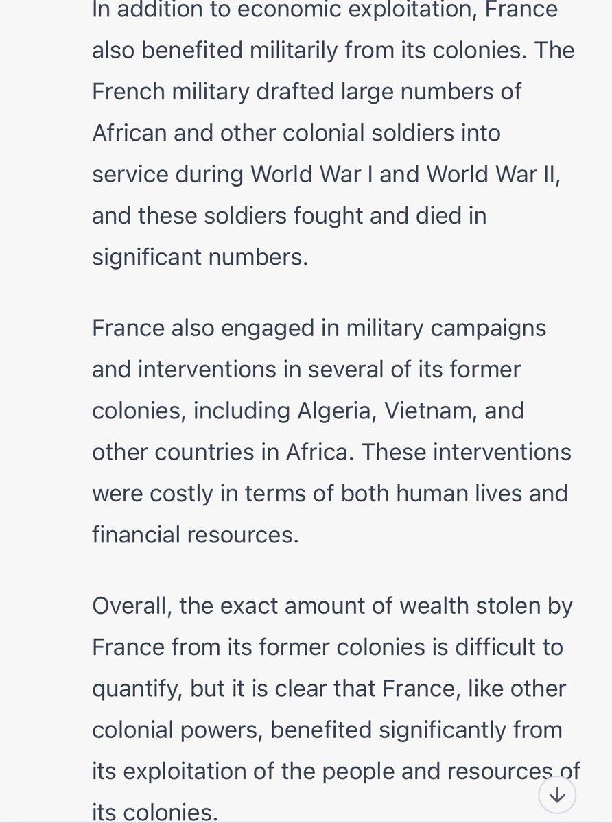 RibalAlAssad's tweet photo. Just love #ChatGPT…talking about French abuses & exploitation in its former colonies and during its military campaigns! 

#France #Slavery #Colonial #FrenchColonies #MilitaryCampaigns #StolenWealth #Artefacts #Treasures #Monuments #ForcedLabor #EconomicExploitation #Exploitation #NaturalResources #Rubber #Ivory #Diamonds #Gold #Cocoa #Coffee #Commodities #Reparations #Repatriation #RestorativeJustice #Discrimination #Racism #UnequalTradeRelations
#Africa #NorthAfrica #MiddleEast #Levant #Asia #Caribbean #Algeria #Vietnam