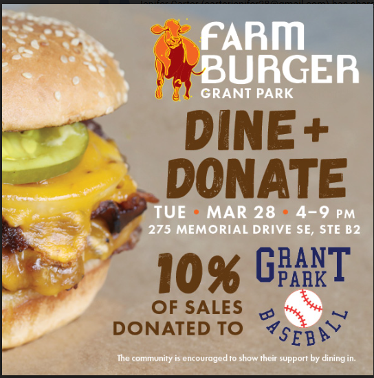 fbgrantpark's tweet photo. Looking for a full belly and a full heart?  Come join us at Farm Burger Grant Park this evening and we will donate 10% of our dine-in, call-in, to-go, and online order sales to Grant Park Little League.  See you tonight! https://t.co/nyPpWdNxvV