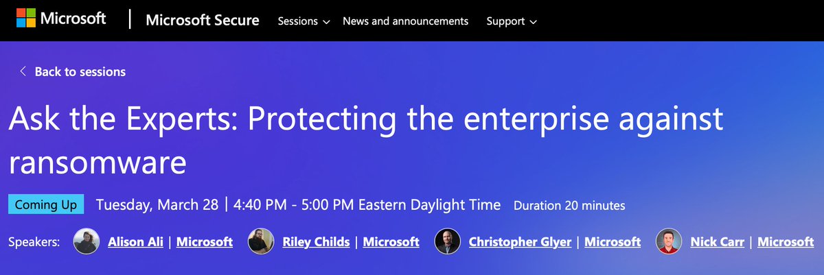 sherrod_im's tweet photo. You do not want to miss this! Today, Ask the Experts: Protecting the enterprise against ransomware
Tuesday, March 28
4:40 PM - 5:00 PM Eastern Daylight Time
https://t.co/EHw4koTuEH
#MicrosoftSecure https://t.co/zNX5CFE5gQ
