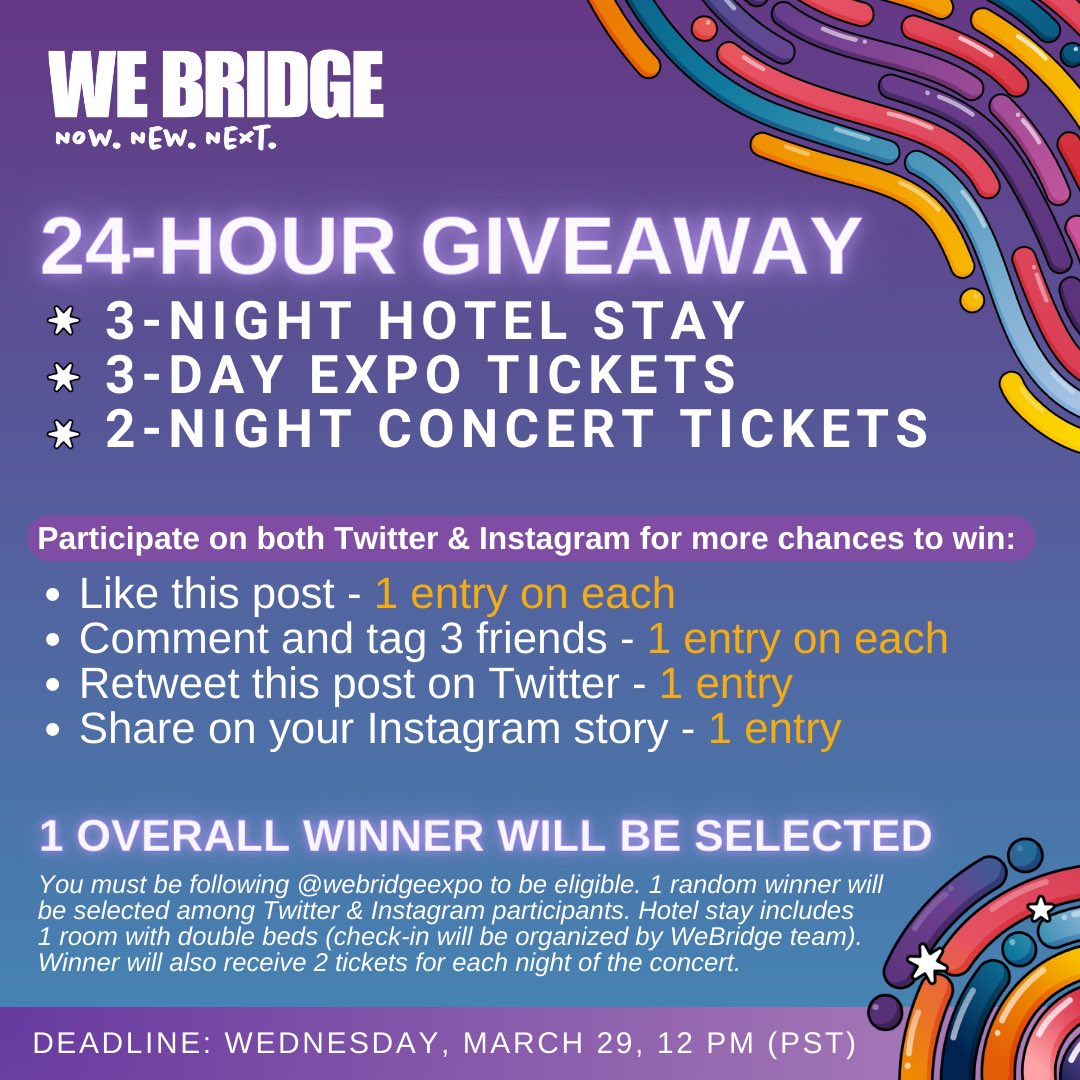 ✨ 24-HOUR GIVEAWAY ✨ 

For one lucky fan, we’re giving away another package that includes concert and expo tickets + hotel stay 🎫

Share, like &amp; comment on Twitter + Instagram for more chances to win! 

Read rules &amp; details. Contest deadline: 
Wednesday, March 29, 12 pm (PST)