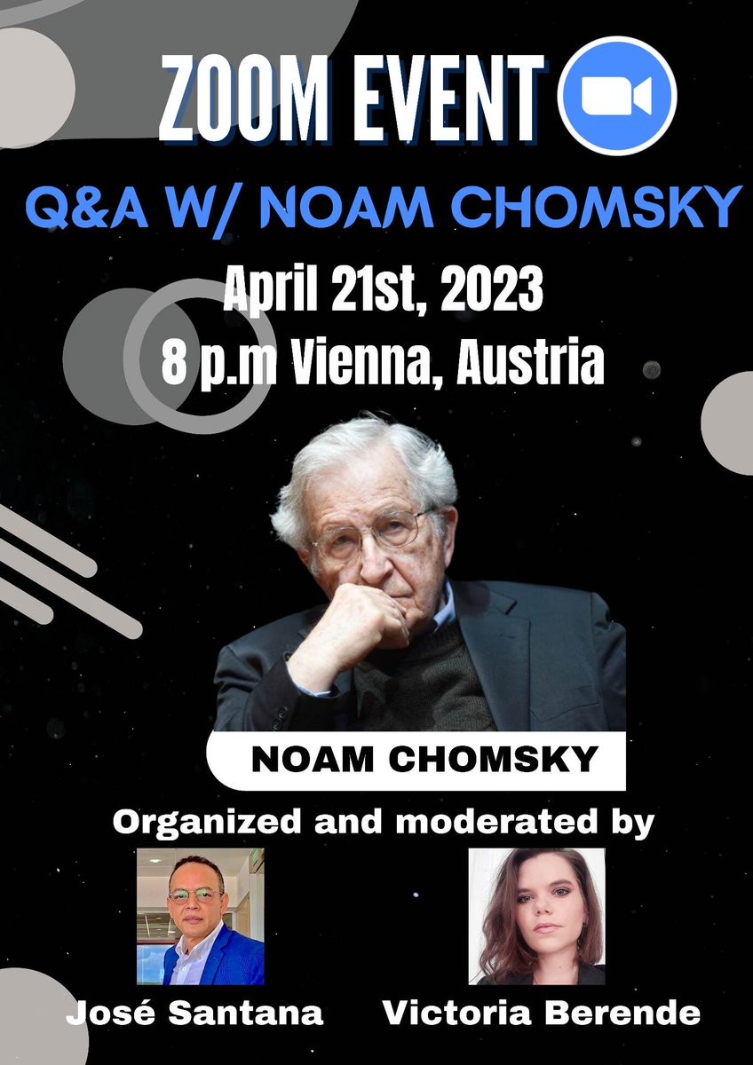 This event with Professor Chomsky is a unique one, as it is the first Q&A with the distinguished American linguist, philosopher, and activist in #Austria. 

Please feel free to join us if you are interested. #NoamChomsky #JointheDialogue Registration 👇

eventbrite.de/e/qa-with-noam…