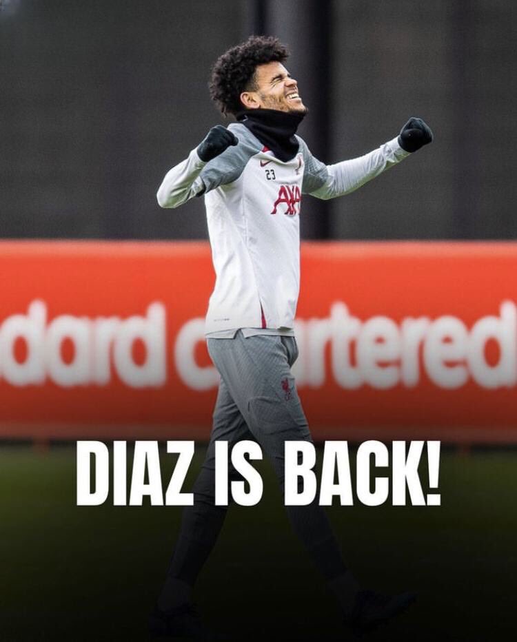 Liverpool_GO's tweet photo. 🚨 BREAKING: Luis Diaz, returned to training with Liverpool, after almost 5 months. Soon he will be available to play again, I missed you so much, valecita! 💛💙❤ @LuisFDiaz19

LUIS DIAZ IS BACK. ☕🇨🇴 https://t.co/qbupzmh2uj