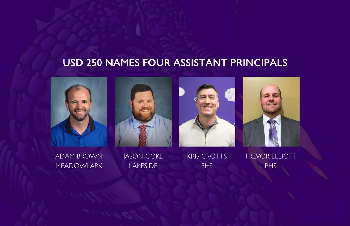 On March 27, 2023, the USD 250 Board of Education approved four new assistant principals; Adam Brown to Meadowlark Elementary, Jason Coke to Lakeside Elementary, and Kris Crotts and Trevor Elliot to Pittsburg High School.

Read more: usd250.link/assistant-prin…
