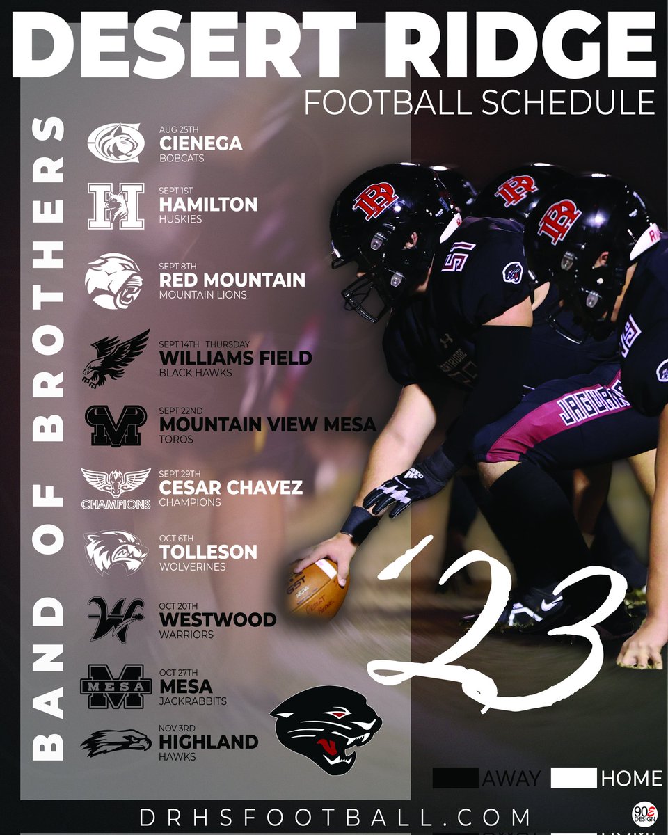 Desert Ridge Football Schedule 
Band of Brothers 🏈🤙🏽
Time to bring the Juice!
@AZHSFB @CamCox12
@azc_obert @CodyTCameron
@gridironarizona @GametimeRC @AZPreps365 
@VarsityShow