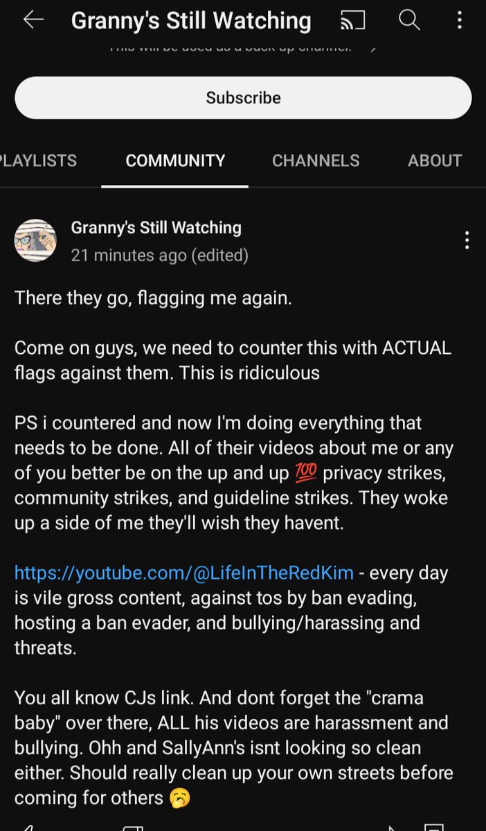 greengrasstrees's tweet photo. @TeamYouTube https://t.co/k2oRX6fNem 
Encouraging  people to mass report and strike others for no reason Is going against TOS. And yes we are flagging her because she's bullying and won't stop 

Her other channel:https://t.co/ohQ8MSTtiT

Please help she won't stop bullying https://t.co/yGg2uKMhV4