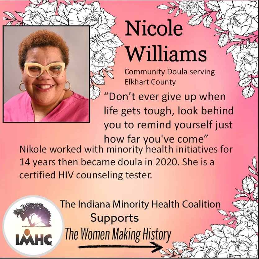 IN Minority Health Coalition (@imhc_indiana) on Twitter photo During Women's History Month, IMHC is recognizing its network of community-based doulas in St. Joseph, Elkhart, Cass, and LaPorte Counties. During Women's History Month, IMHC is recognizing its network of community-based doulas in St. Joseph, Elkhart, Cass, and LaPorte Counties.
