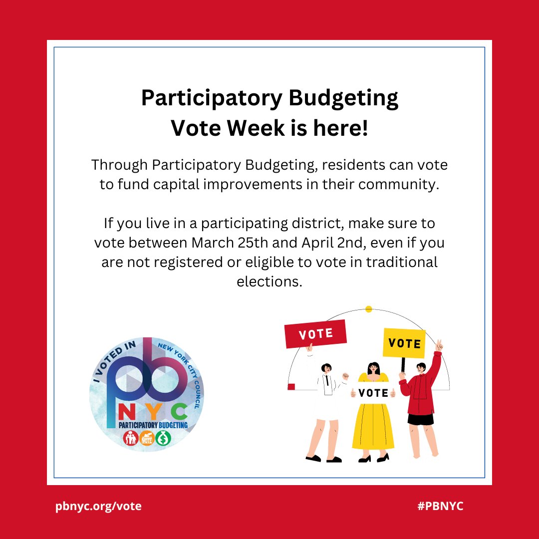 Hey NYC: It’s time to cast your vote to decide how capital funding will be spent in your neighborhood! New Yorkers in participating districts can vote between now and April 2nd. 

Learn more at: council.nyc.gov/pb/