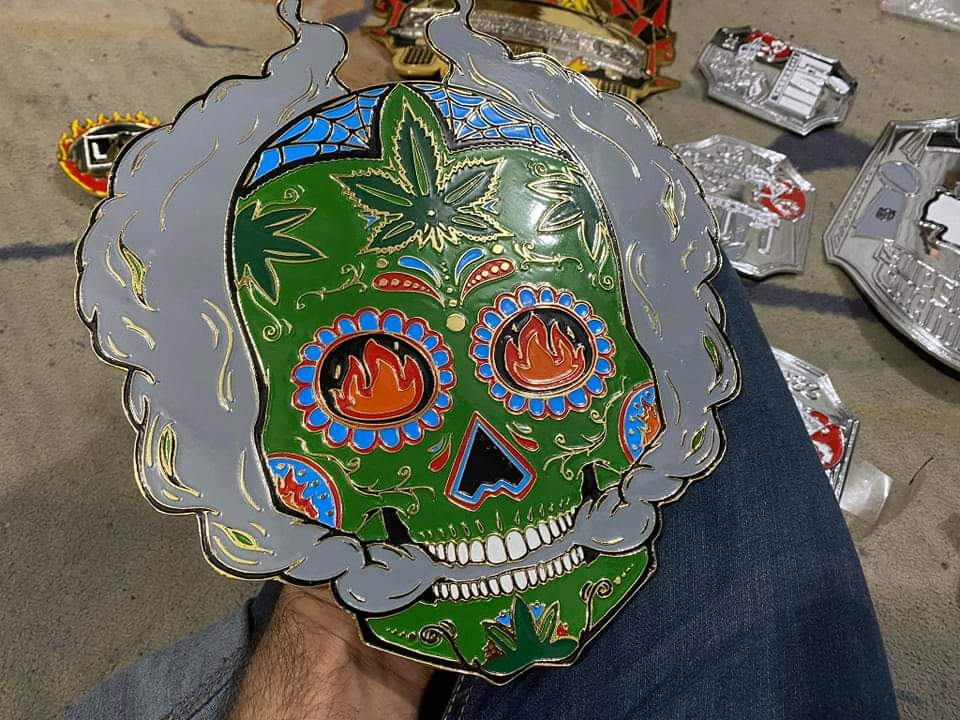 Cartoon_U's tweet photo. The second design I've made that is used for a Championship belt. This time for Loko Wrestling Fire Daddddyyyy Championship. π₯π₯π₯
#lokowrestling #beltdesign
#art #digitalart #sugarskull #prowrestling #wrestling #indiewrestling #wrestlingart #drawing #houstonartist #CartoonU https://t.co/g5rHDYEpPv