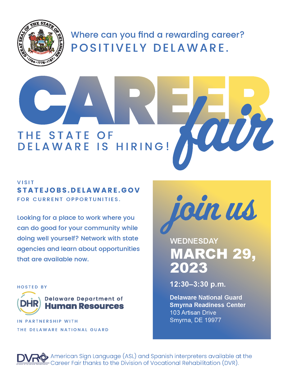 DelawareDET's tweet image. Have you considered a job with the state? Learn about current opportunities and ask questions at the career fair taking place tomorrow in Smyrna. 
#DelawareJobs #StateofDelaware #DEJobs