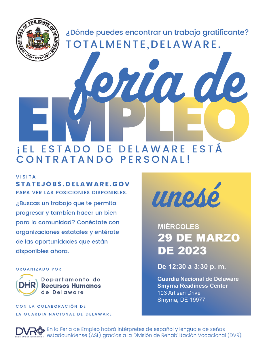 DelawareDET's tweet image. Have you considered a job with the state? Learn about current opportunities and ask questions at the career fair taking place tomorrow in Smyrna. 
#DelawareJobs #StateofDelaware #DEJobs