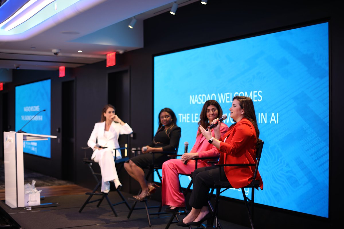 TwoSigmaVC's tweet photo. We opened the markets, taking to the podium with @NasdaqExchange, @womenofai, and leading women in AI, who represent the best of the transformation we'd like to see. A big thank you to our honorees who are applying AI to do big things 🔔 https://t.co/6kPpde7Ewo