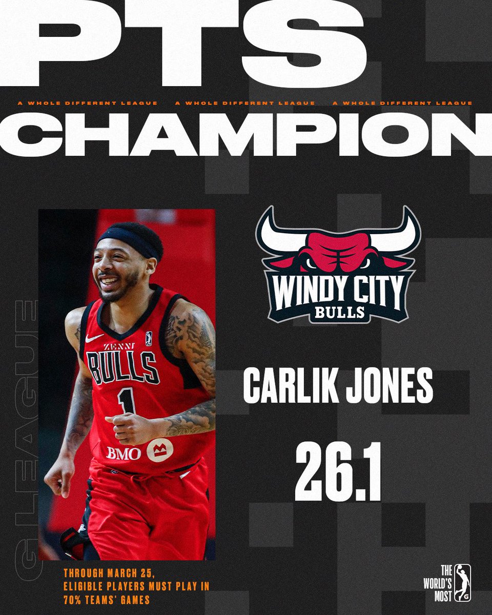 nbagleague's tweet photo. The scoring king! 👑

Congrats to @windycitybulls star Carlik Jones (@carlikjones) on taking home the 2022-23 G League Regular Season scoring title! https://t.co/u98rJtjOHM