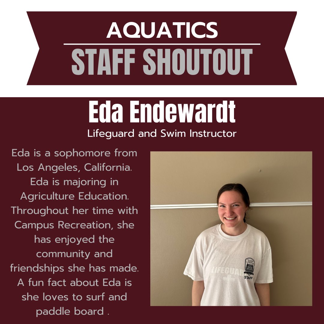 EKUCampusRec's tweet photo. Our #WeeklyShoutout is Eda Endewardt. A lifeguard and swim instructor from Los Angeles, she is majoring in Agriculture Education. Eda enjoys the community and friendships through her job. In her free time, she enjoys surfing and paddle boarding.
#StudentStaff #EKU #GoBigE https://t.co/AhDEUqeXgD