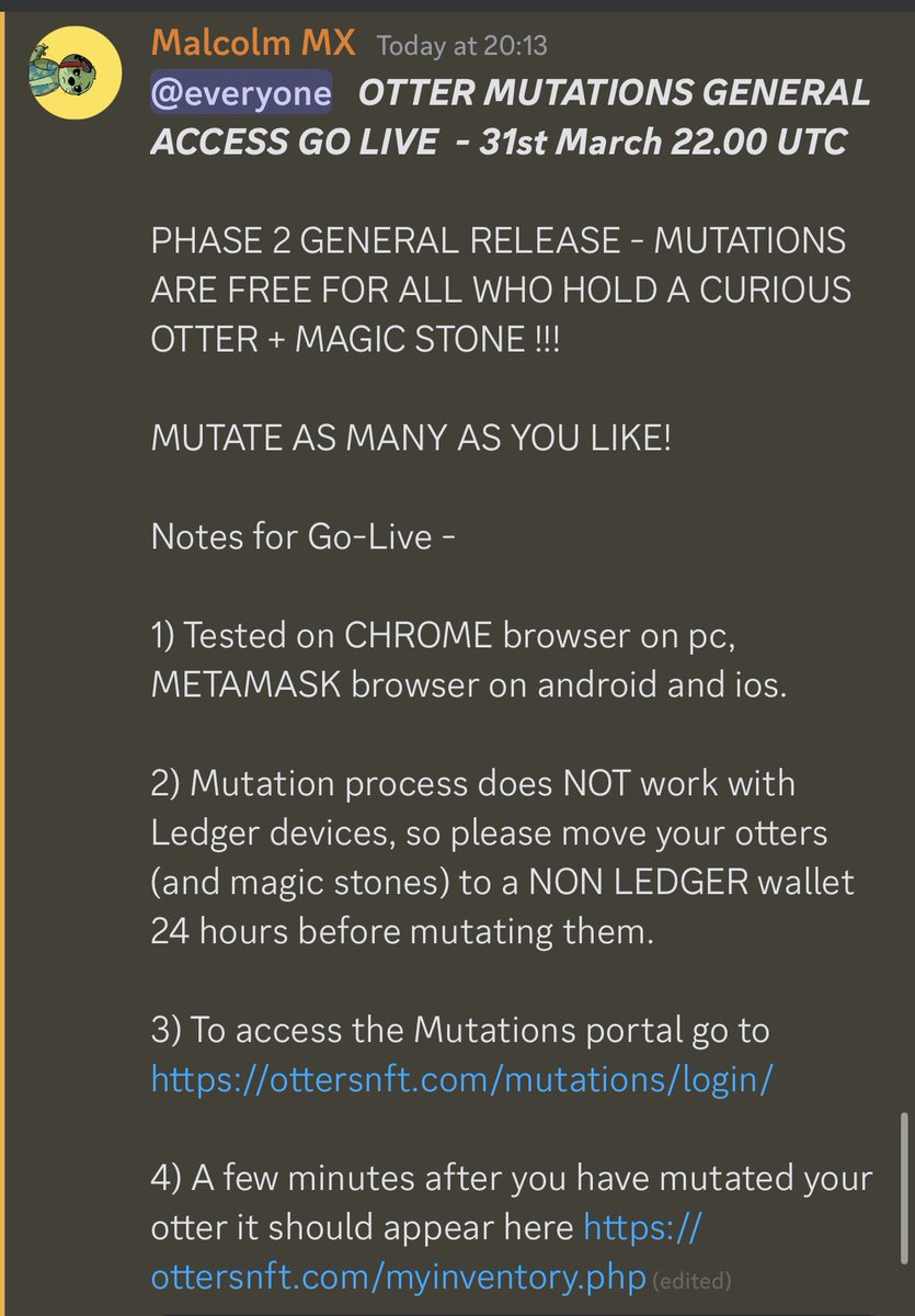 🤩 ❗️ MUTATIONS FOR EVERYBODY ❗️ 🤩 

Do you hold a magic stone ? 

Do you hold an otter ?

Then what are you waiting for ? Get your mutations absolutely FREE 👀 

Mutation live to Everybody from the 31st of March 10pm UTC 

#MultiVAC #OttersMutate #NFT #Free #MutatedCOC #Crypto
