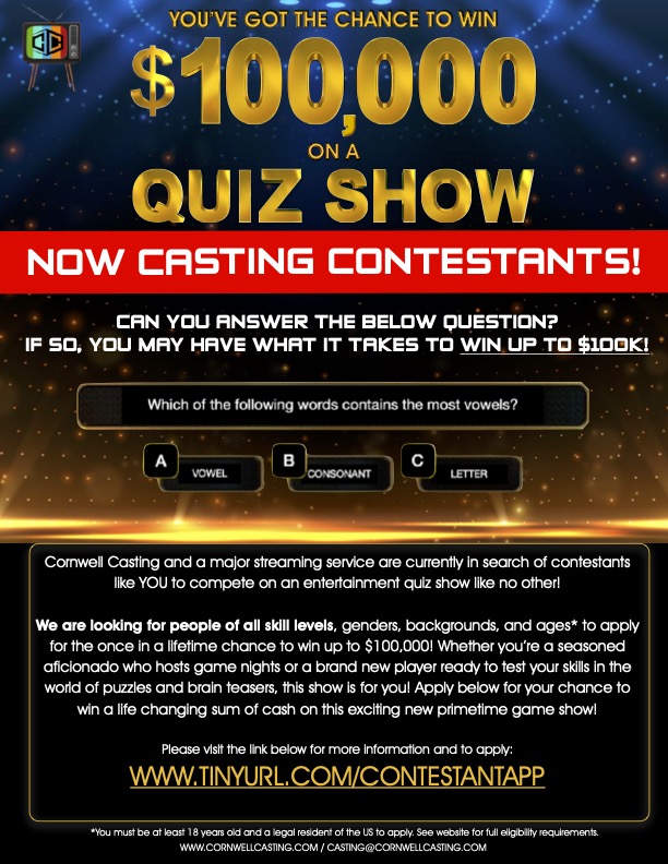 CornwellCasting's tweet photo. BRAND NEW #CASTINGCALL💥

ATTN: LOS ANGELES! We're looking for contestants like YOU to compete on an entertainment quiz show like no other for the chance to win up to $100,000! Apply ASAP at the link below!

https://t.co/jhN5R55ROK https://t.co/w8C2PcoCd3