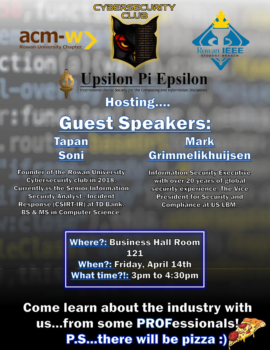 RowanCyberClub's tweet photo. As cybersecurity students we all have a desire to ask questions to an industry professional!..

So we organized a way to from TWO industry #PROFessional's! On April 14th! Be there!!!

Tapan and Mark will be sharing their experiences, knowledge, and tips/tricks of everything cyber https://t.co/et6mQtnN6p