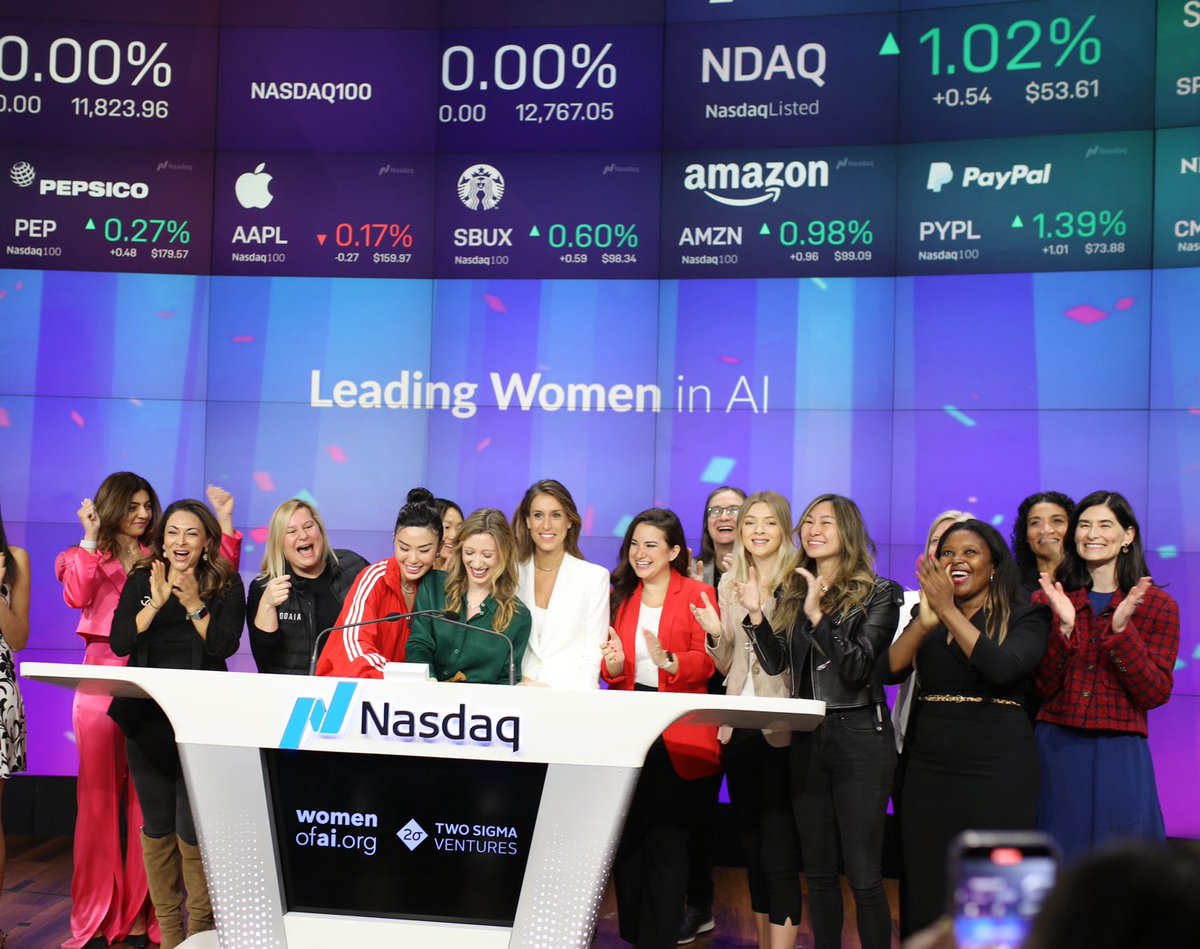 laurenxandra_'s tweet photo. One for the memory books - opening the markets, ringing the @NasdaqExchange Opening Bell, and sharing the stage with leading women in AI, some of my personal heroes. https://t.co/eunVQnH7uD
