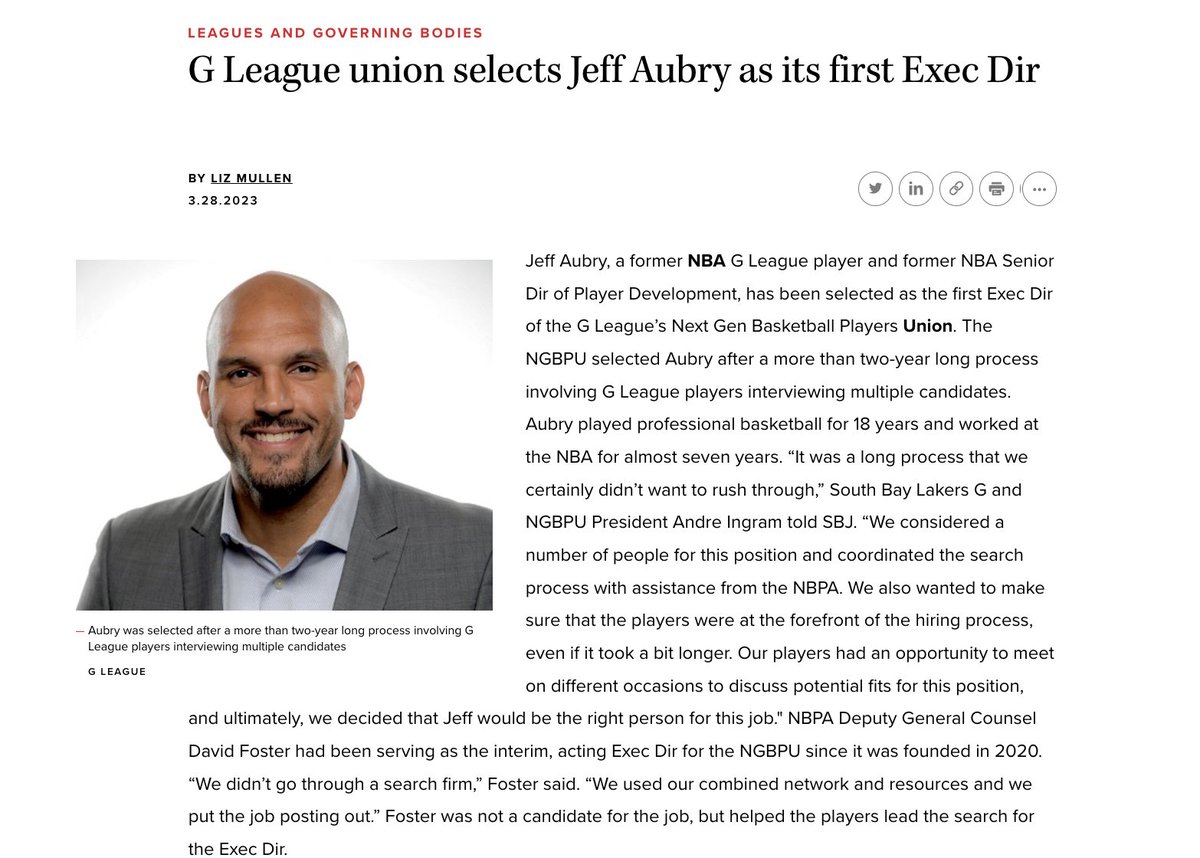 liz_mu11en's tweet photo. Jeff Aubry, a former G League player, has been selected as the first Exec Dir of the G League’s Next Gen Basketball Players Union.

The G League union did not use a search firm. 

SBJ: https://t.co/Z27Q8ySgql https://t.co/T0gzvliEro