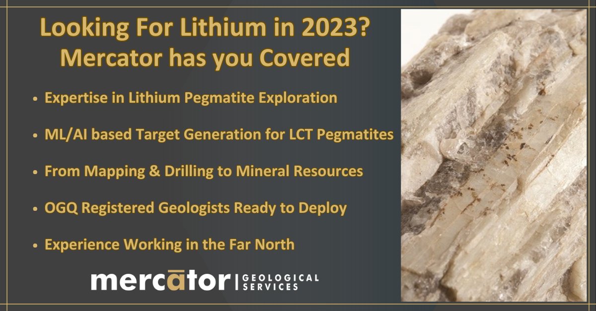 Looking for Lithium in 2023? Mercator has your project covered, from greenfields to resource. With our proprietary #pegmatite #prospectivity targeting, we can help unlock value in your property, from the James Bay lowlands to Electric Avenue. Contact us today! #lithium #mining