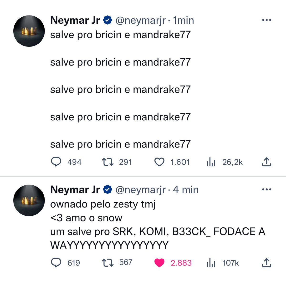choquei's tweet photo. 🚨AGORA: Conta do Neymar no Twitter é hackeada e hacker posta frases aleatórias. https://t.co/2nbDv0Nehn